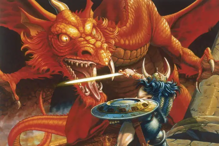 warrior fighting a red dragon