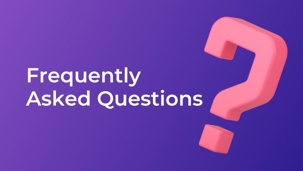frequently asked questions in white letters with a pink question mark